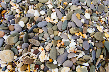 Smooth pebbles lying on seashore close up. Stone texture