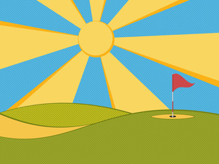 Golf background. Abstract golf course, hole, flag and sun