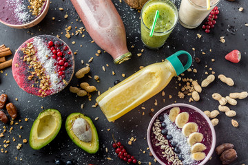 rainbow mood. exotic atsty beverage in bottles and some portions of ice-cream. top view photo.