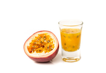 Passion fruit and juice isolated on white background.
