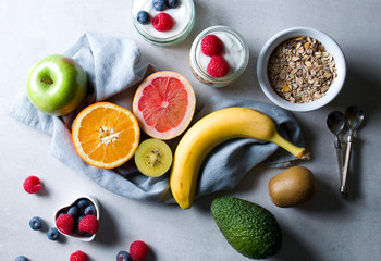 Healthy eating. Composition of fresh fruit with natural yoghurt.