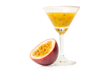 Passion fruit and juice isolated on white background.
