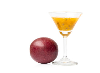 Passion fruit and juice isolated on white background.
