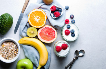 Healthy eating. Composition of fresh fruit with natural yoghurt.