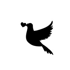   black silhouette of flying dove with heart in beak on white