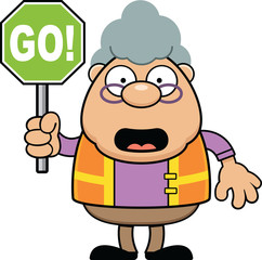 Cartoon Grandmother Crossing Guard Go