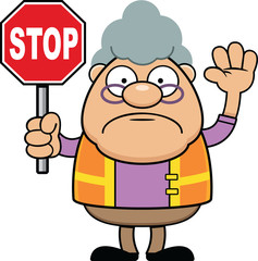 Cartoon Grandmother Crossing Guard Stop