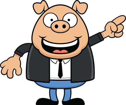 Cartoon Happy Pig Wearing a Suit and Pointing
