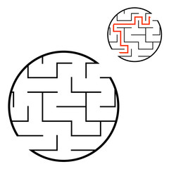 Abstract round maze. Game for kids. Puzzle for children. One entrance, one exit. Labyrinth conundrum. Flat vector illustration isolated on white background. With answer.