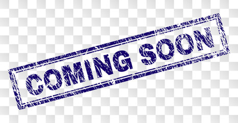 COMING SOON stamp seal print with rubber print style and double framed rectangle shape. Stamp is placed on a transparent background. Blue vector rubber print of COMING SOON label with dust texture. - 241757204