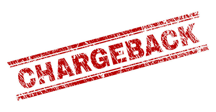 CHARGEBACK seal stamp with grunge texture. Red vector rubber print of CHARGEBACK title with unclean texture. Text caption is placed between double parallel lines.