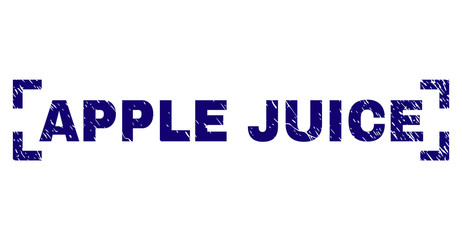 APPLE JUICE text seal print with grunge texture. Text label is placed inside corners. Blue vector rubber print of APPLE JUICE with unclean texture.
