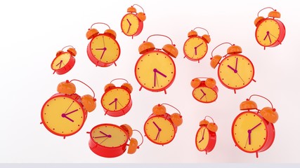 red alarm clock on white background. close up shot. top view, 3d render
