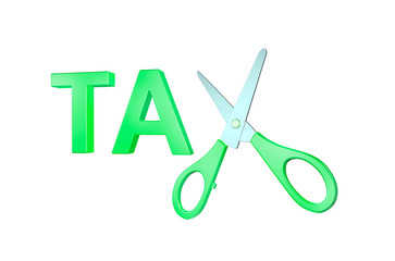 3d illustration of TAX cut concept with TA letter and X made by scissors on isolated white background