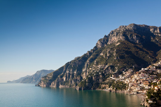 Positano, Italy, located along the famous tourist coastal route known as the Amalfi Coast.