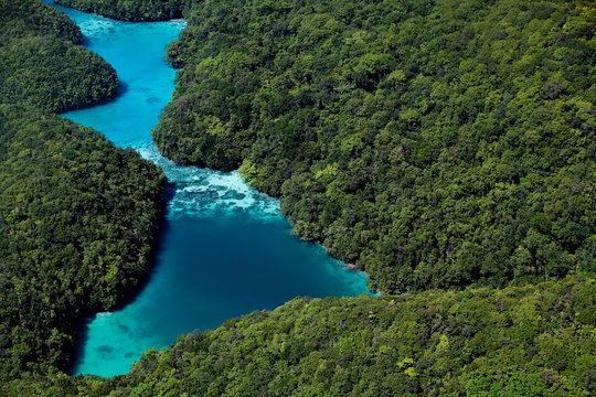 Aerial view of rock islands and an inlet where coral are found in Palau.