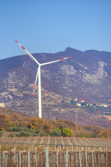 Fototapeta na wymiar Wind turbine on mountains. Production of clean and renewable energy. Trentino, Italy
