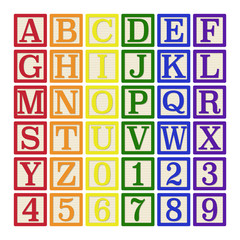 Rainbow Alphabet Blocks - Complete set of 26 letter blocks (A through Z) and 10 number blocks (0 through 9)