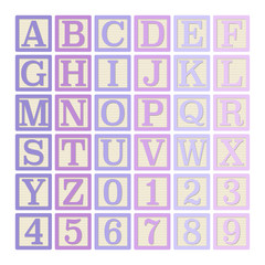 Pink and Purple Alphabet Blocks - Complete set of 26 letter blocks (A through Z) and 10 number blocks (0 through 9)