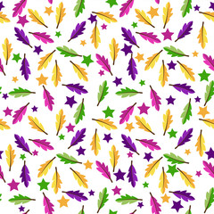 Feathers and Stars Seamless Pattern - Feathers and stars in Mardi Gras colors on white background