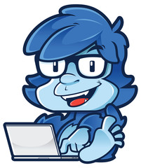 Cartoon monster working or playing on his laptop and isolated on white background.