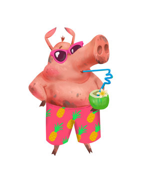 Cute piggy in shorts drinking cocktail. Pig is a symbol of the Chinese 2019 New Year. Cute cartoon piggy.