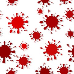 Seamless pattern with red colored ink blots and drop shadow isolated on white