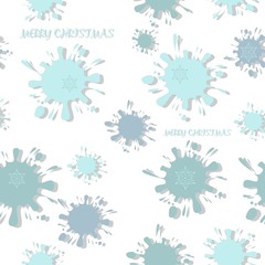 Seamless pattern with blue colored ink blots and snowflakes isolated on white background. Winter or christmas theme