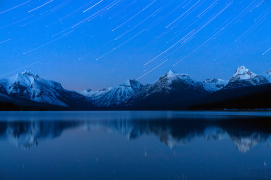 Glacier National Park, Montana: Star trails over Lake McDonald in mid winter.