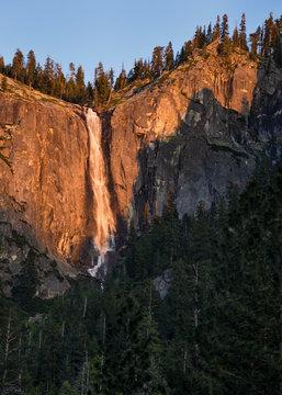 A waterfall in Yosemite at last light.