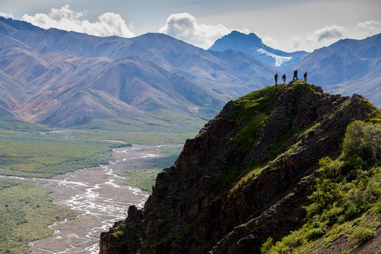 Hikers near Polychrome Pass, Denali National Park, Alaska, USA
