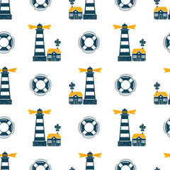 Obraz na płótnie Canvas Seamless vector pattern with cute lighthouse and lifebuoy. Simple pattern for pattern fills, wallpaper, print for clothes, wrapping paper. Sea travel theme yellow and blue