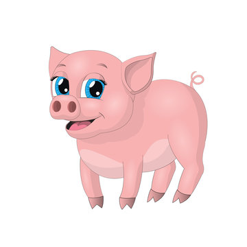 Cute vector hand drawn little pink pig isolated at white background. Animal cartoon character.