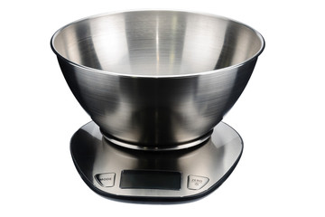 An electronic scale with stainless steel cup isolated on white background.