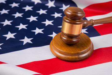 hammer judge on the flag of the united states of america. Court, law, crime and punishment. Gavel....