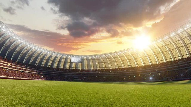 stadium timelapse Moving lights, animated flash and flags with people fans. 3d render illustration cloudy day sky