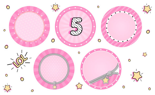 Set of cute vector LOL surprise cupcake toppers. Pink party stickers. Blank background for name, age, text, pictures in center. Round zipper, sunbeam, striped. Little small stars. Tiny sweet design