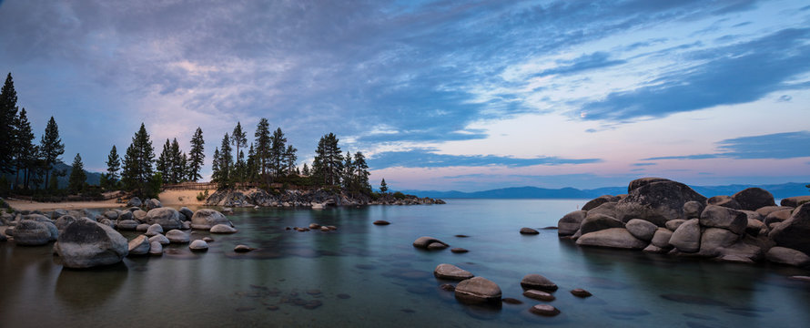 Sunrise along the shore of Lake Tahoe at Sand Harbor State Park, NV.