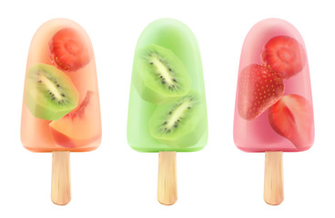 Fruit ice cream strawberry, kiwi, peach. 3d realistic vector icon set