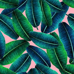 Tropical banana leaves, jungle leaf seamless floral pattern pink background. Artistic palms pattern with seamless repeating design. Pattern for summer designs. 