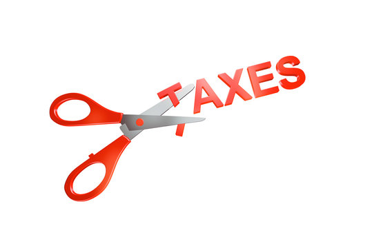 3d illustration of TAXES reduction concept with scissors cutting T letter on isolated white background