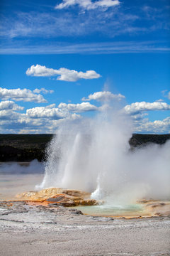 Yellowstone National Park, Wyoming: Geyser erupting in the Geyser Basin.