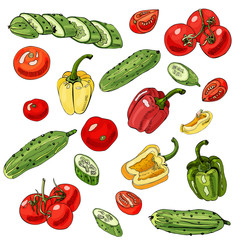 Assorted of vegetables. Red, green and yellow tomatoes, cucumbers and peppers isolated on white background. Whole and sliced elements.