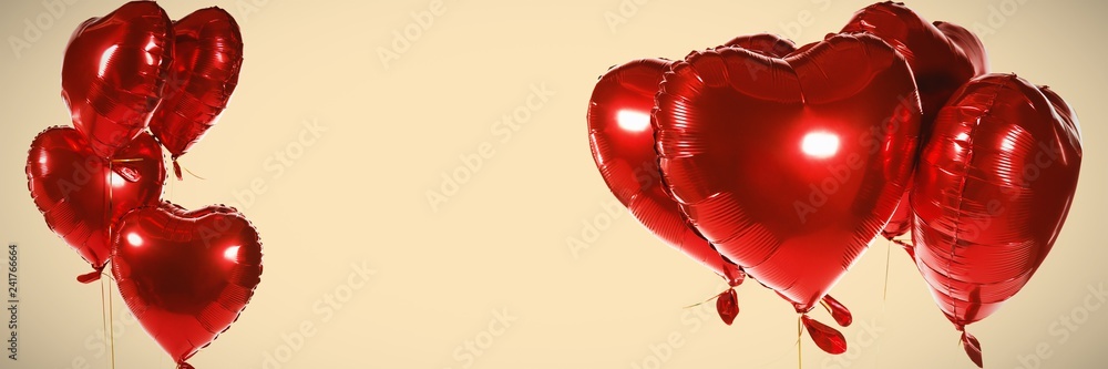 Poster composite image of red heart shape balloons