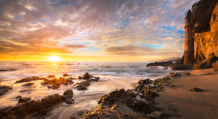 A tower along the coast at sunset, Victoria Beach in Laguna Beach CA.