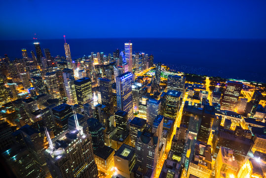 Downtown Chicago IL and the lakefront from the Willis Tower (Sears Tower) at night.