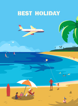 Summer seaside landscape. Blue ocean scenic view poster. Hand drawn cartoon retro style. Holiday family vacation season sea resort travel for leisure. Vector tourist fun trip advertisement background