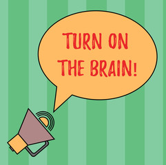 Writing note showing Turn On The Brain. Business photo showcasing Time to think generation of ideas activate your mind Oval Outlined Speech Bubble Text Balloon Megaphone with Sound icon