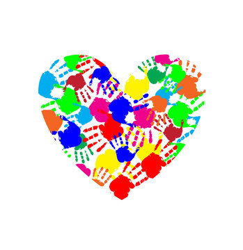 Vibrant heart icon made of multicolored hand prints