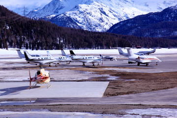 Executive jets and planes in the airport in St Moritz Switzerland
